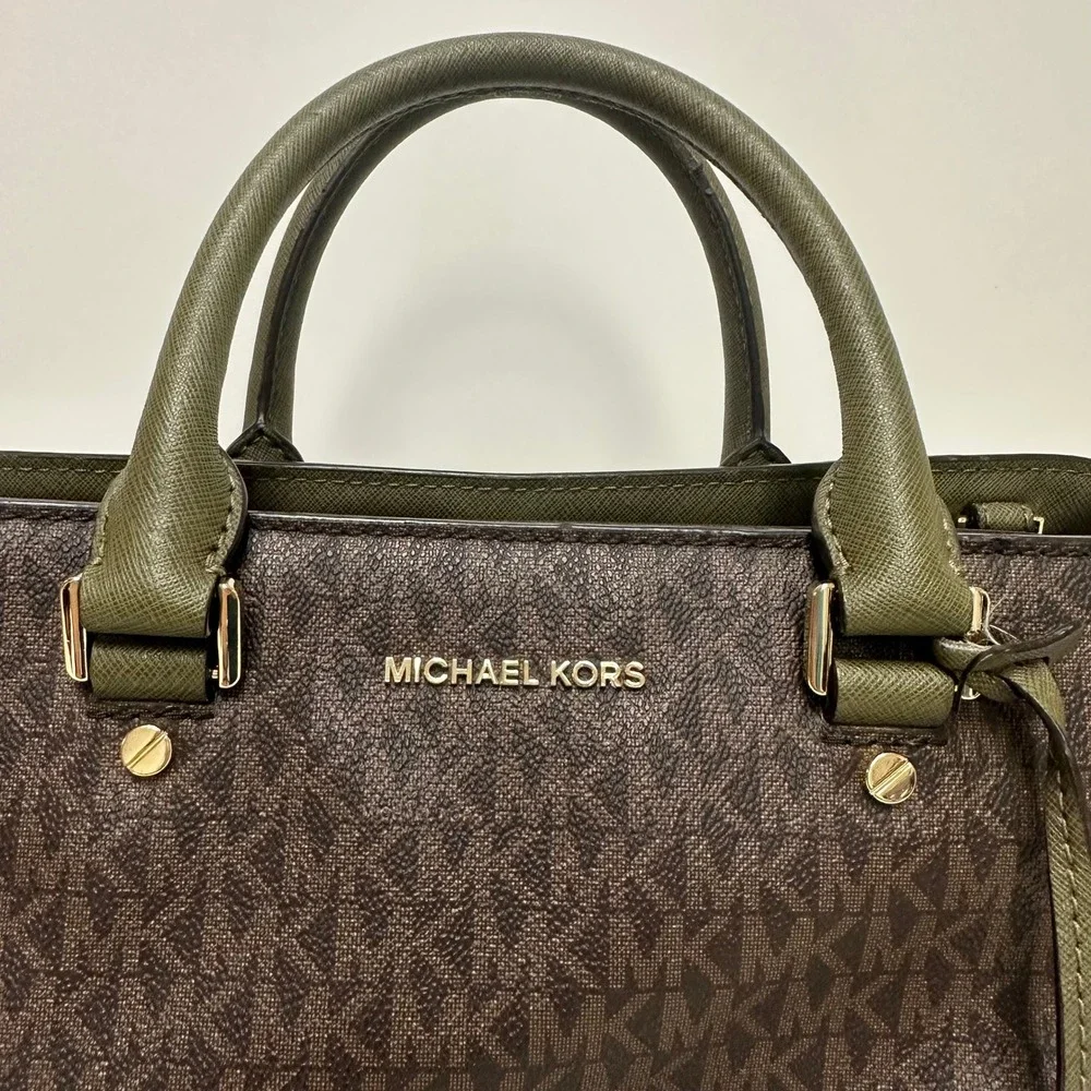 Michael Kors Signature Logo Satchel Brown Olive Green Two Tone Handbag Gold HW